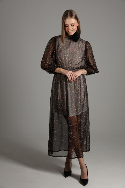 Платье шифон длинное с разрезом и собранной по талии юбкой NikVa 407 черное_брызги - фото 3