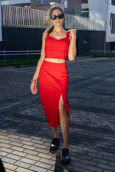 Топ и юбка приталенного силуэта из текстиля с разрезом Luna 124 красный - фото 12