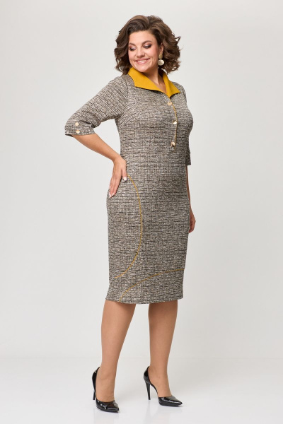 Платье в деловом стиле из трикотажа с пуговицами и воротом ELVIRA 104-4 серебристо-горчичный - фото 2
