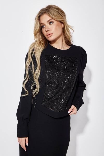Классиночная черная блуза с пайетками и складками на рукавах Viola Style 1177 - фото 2