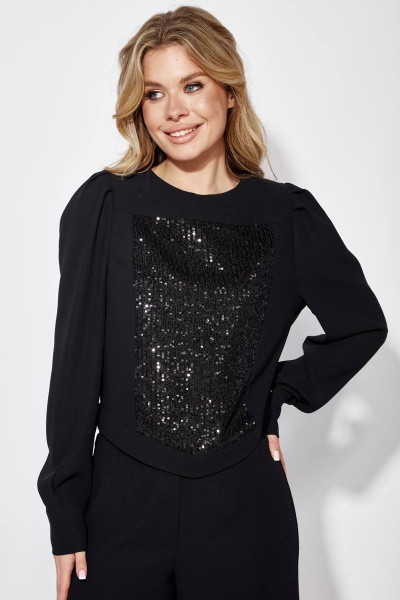 Классиночная черная блуза с пайетками и складками на рукавах Viola Style 1177 - фото 1
