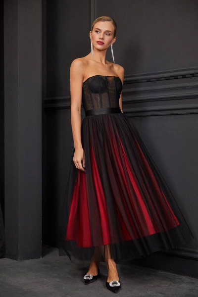 Топ и юбка в нарядном стиле из атласа и сетки с корсетной отделкой Rivoli 2303+4042 чёрный/алый - фото 1