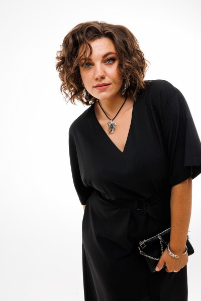 Платье повседневное из вискозы с поясом и элегантным силуэтом Anelli 1391 черный - фото 3