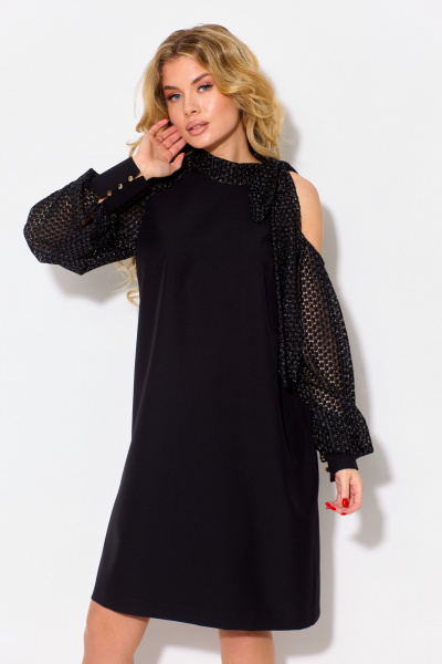 Элегантное платье-трапеция с бантом на плече Talia fashion 417 черный - фото 1