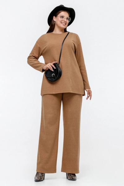 Брюки расширенного силуэта с поясом из плотного трикотажа La rouge 8053 кэмел - фото 7