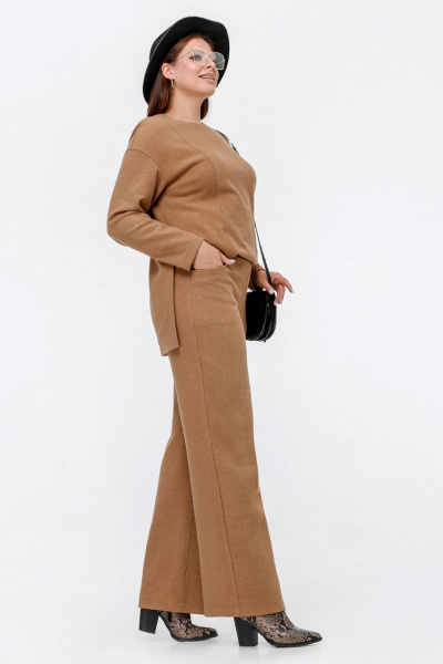 Брюки расширенного силуэта с поясом из плотного трикотажа La rouge 8053 кэмел - фото 2