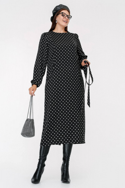 Платье прямого силуэта с карманами и поясом La rouge 5441 черный-(горошек) - фото 9