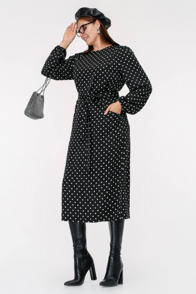Платье прямого силуэта с карманами и поясом La rouge 5441 черный-(горошек) - фото 3
