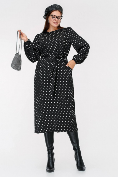Платье прямого силуэта с карманами и поясом La rouge 5441 черный-(горошек) - фото 1