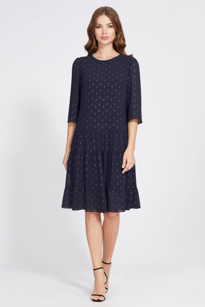 Платье прямого кроя с оборкой из шифона с мерцающим дизайном Bazalini 4842 темно-синий - фото 1