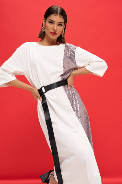 Трикотажное платье А-образного силуэта с пайетками VIZANTI 9363 белый - фото 6