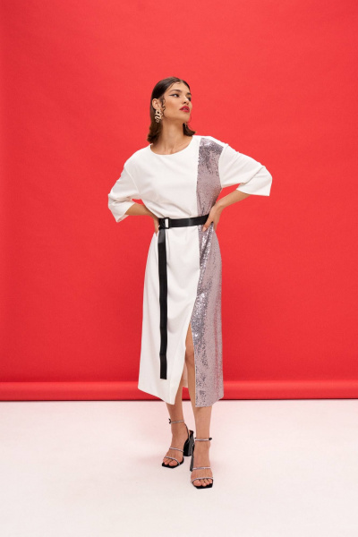 Трикотажное платье А-образного силуэта с пайетками VIZANTI 9363 белый - фото 4