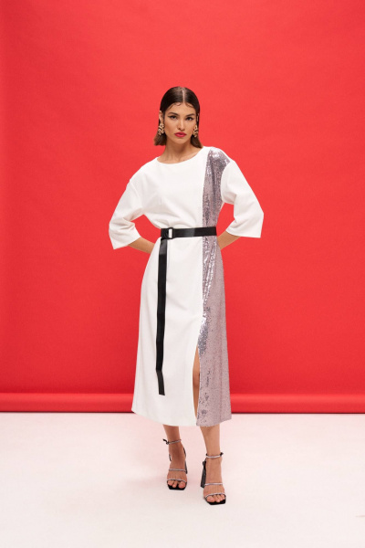 Трикотажное платье А-образного силуэта с пайетками VIZANTI 9363 белый - фото 1