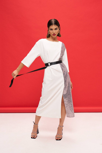 Трикотажное платье А-образного силуэта с пайетками VIZANTI 9363 белый - фото 2