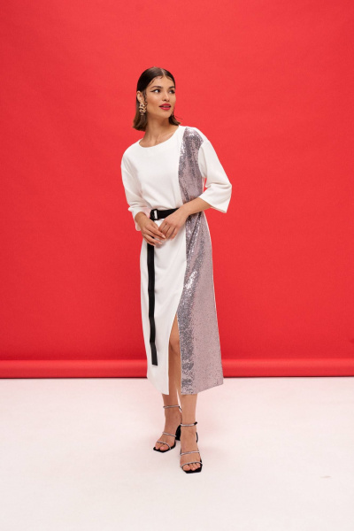 Трикотажное платье А-образного силуэта с пайетками VIZANTI 9363 белый - фото 3