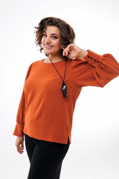 Демисезонная свободная блуза из текстиля с присборенными рукавами Anelli 730 терракот - фото 2