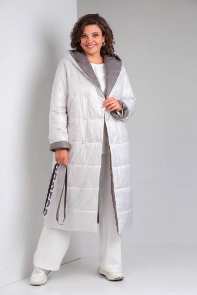 Бежевое двустороннее пальто с поясом и карманами Диомант 1893 белый-бежевый - фото 2