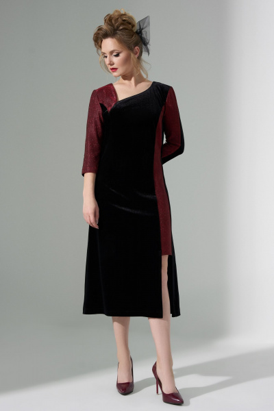 Платье из бархата с контрастным трикотажем и разрезом Euromoda 490 черный - фото 1