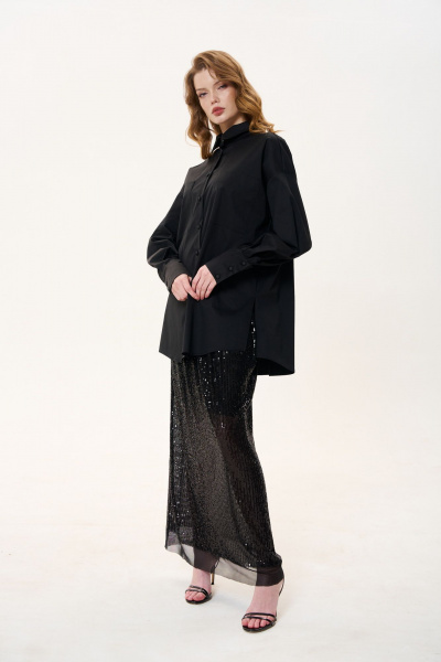 Демисезонная оверсайз черная рубашка из текстиля FLAIM 1030 черный - фото 5