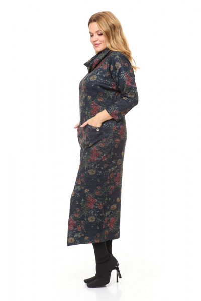 Длинное трикотажное платье с объемным воротником и разрезом Michel chic 2145 графит-цветы - фото 4