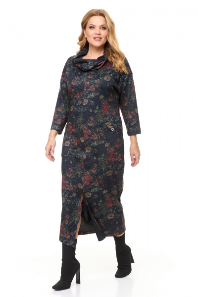 Длинное трикотажное платье с объемным воротником и разрезом Michel chic 2145 графит-цветы - фото 3