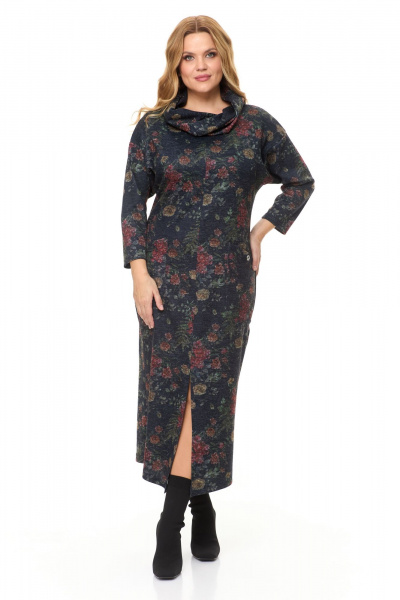 Длинное трикотажное платье с объемным воротником и разрезом Michel chic 2145 графит-цветы - фото 2