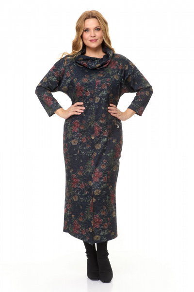 Длинное трикотажное платье с объемным воротником и разрезом Michel chic 2145 графит-цветы - фото 1