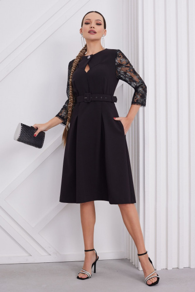 Платье кружевное и текстильное с поясом и карманами нарядный стиль Lissana 4832 - фото 1