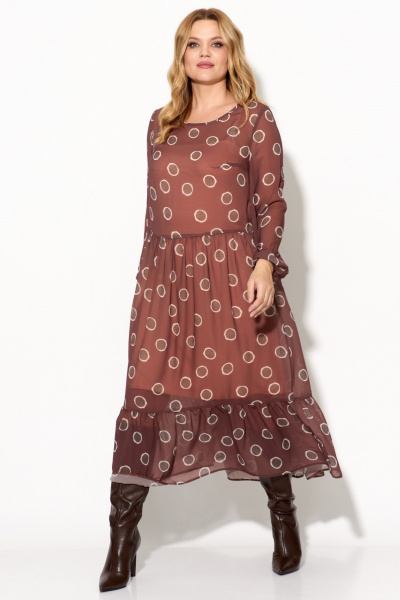 Двухпредметное платье из шифона и трикотажа с воланом Anastasia 251 коричневый - фото 3