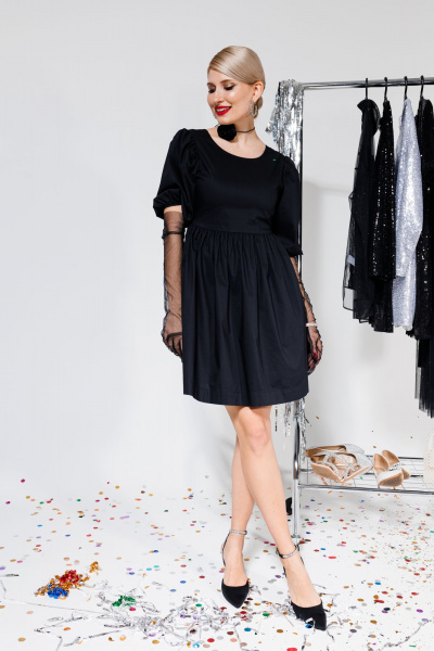 Коктейльное платье с пышной юбкой, объемным рукавом и бантом KOKOdea 212080.1 черный - фото 1