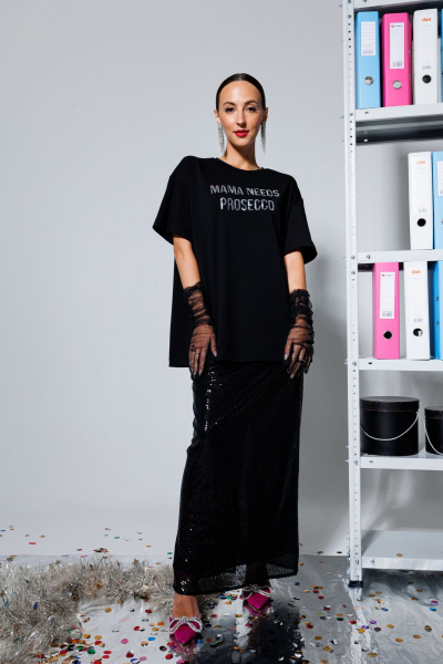 Юбка в пол в пайетки на резинке с высоким разрезом для утонченного образа KOKOdea 5.15 черный - фото 2