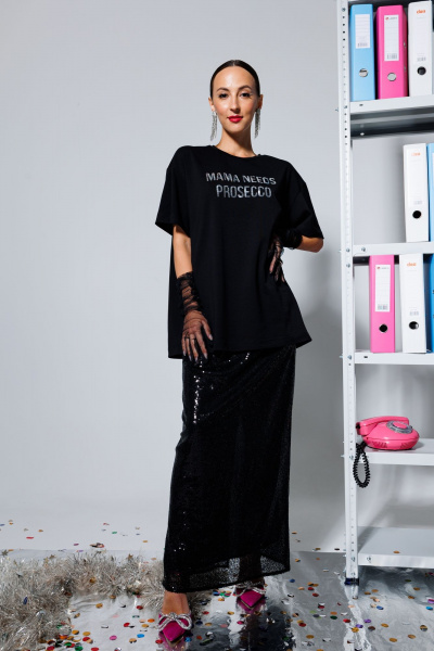 Юбка в пол в пайетки на резинке с высоким разрезом для утонченного образа KOKOdea 5.15 черный - фото 1