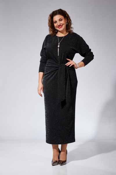 Платье полуприлегающее с складками и поясом нарядное VI ORO VR-1101 черный - фото 7
