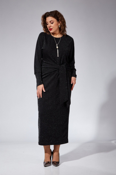 Платье полуприлегающее с складками и поясом нарядное VI ORO VR-1101 черный - фото 5
