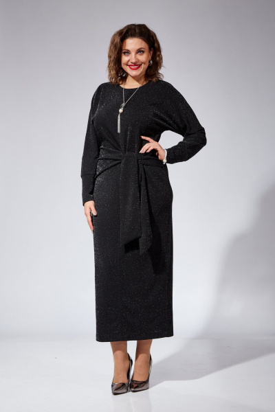 Платье полуприлегающее с складками и поясом нарядное VI ORO VR-1101 черный - фото 4