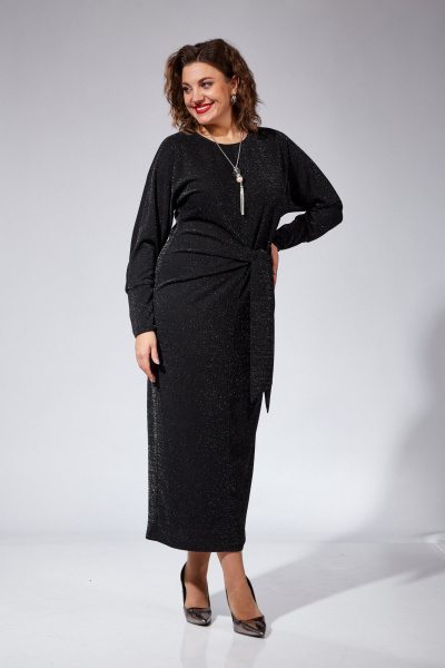 Платье полуприлегающее с складками и поясом нарядное VI ORO VR-1101 черный - фото 3