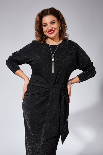 Платье полуприлегающее с складками и поясом нарядное VI ORO VR-1101 черный - фото 8