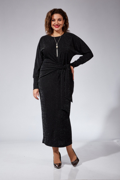 Платье полуприлегающее с складками и поясом нарядное VI ORO VR-1101 черный - фото 2