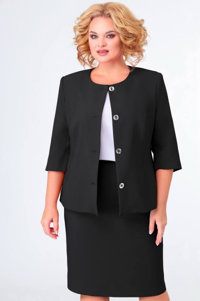 Костюм жакет и юбка из текстиля с рельефами и разрезом Swallow 653.2 черный - фото 4