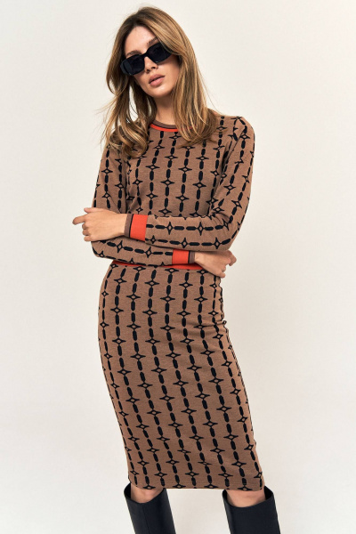 Комплект из трикотажа: приталенный джемпер и юбка с довязом по краям LeNata 21225 коричневый-в-рисунок - фото 3
