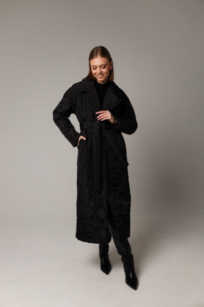 Стеганое демисезонное пальто с отложным воротником и поясом PUR PUR 11-004/8 - фото 2