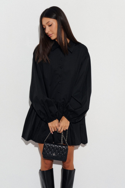 Черное платье из полотна с отложным воротником и резинкой ANNETE A3437 - фото 3