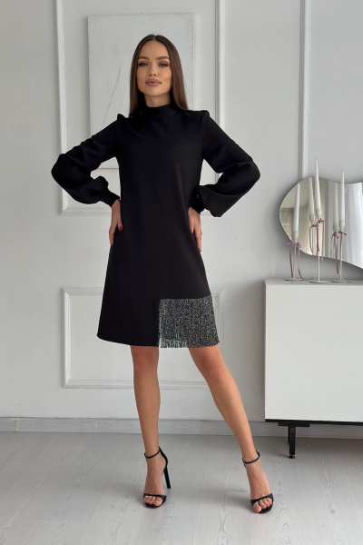 Черное А-силуэтное платье с бахромой и вытачками Dilana VIP 2013 черный - фото 7