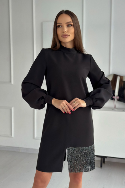 Черное А-силуэтное платье с бахромой и вытачками Dilana VIP 2013 черный - фото 6