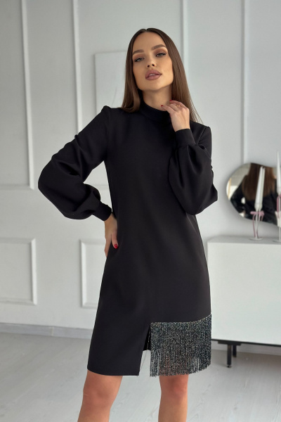 Черное А-силуэтное платье с бахромой и вытачками Dilana VIP 2013 черный - фото 5