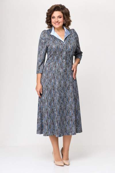 Платье расклешённое из трикотажа с поясом и пуговицами ELVIRA 103-5 голубой - фото 3