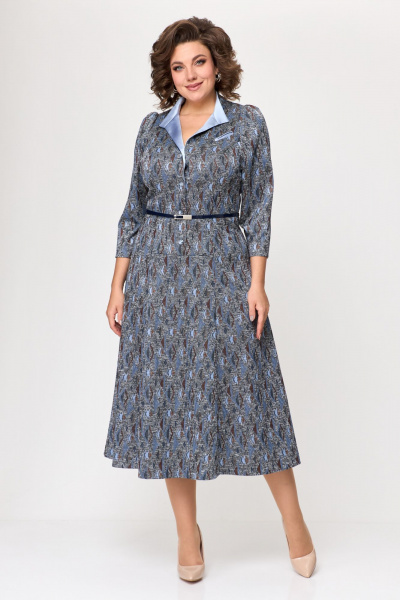 Платье расклешённое из трикотажа с поясом и пуговицами ELVIRA 103-5 голубой - фото 1