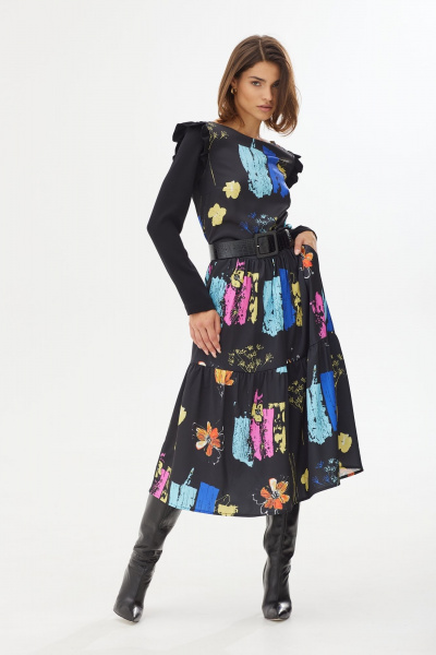 Платье из французского крепа с воланами и поясом из экокожи NiV NiV fashion 2126 - фото 1