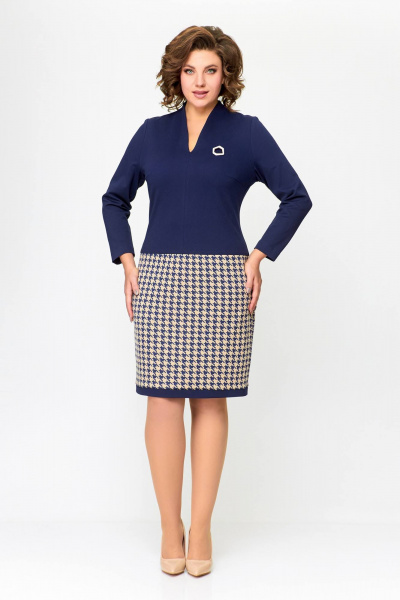 Платье из трикотажа с гусиным принтом и V-образным вырезом Swallow 699.1 королеский_синий/гусиная_лапка - фото 2