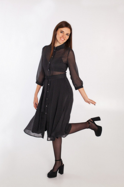 Шифоновое платье с запахом и белым горошком, с поясом и рукавом 3/4 i3i Fashion 102/1 черный_горох - фото 1